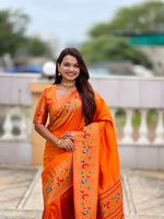 Thumbnail for Vedant Vastram Soft Litchi Silk Paithani Jacquard Saree - Orange - Dista