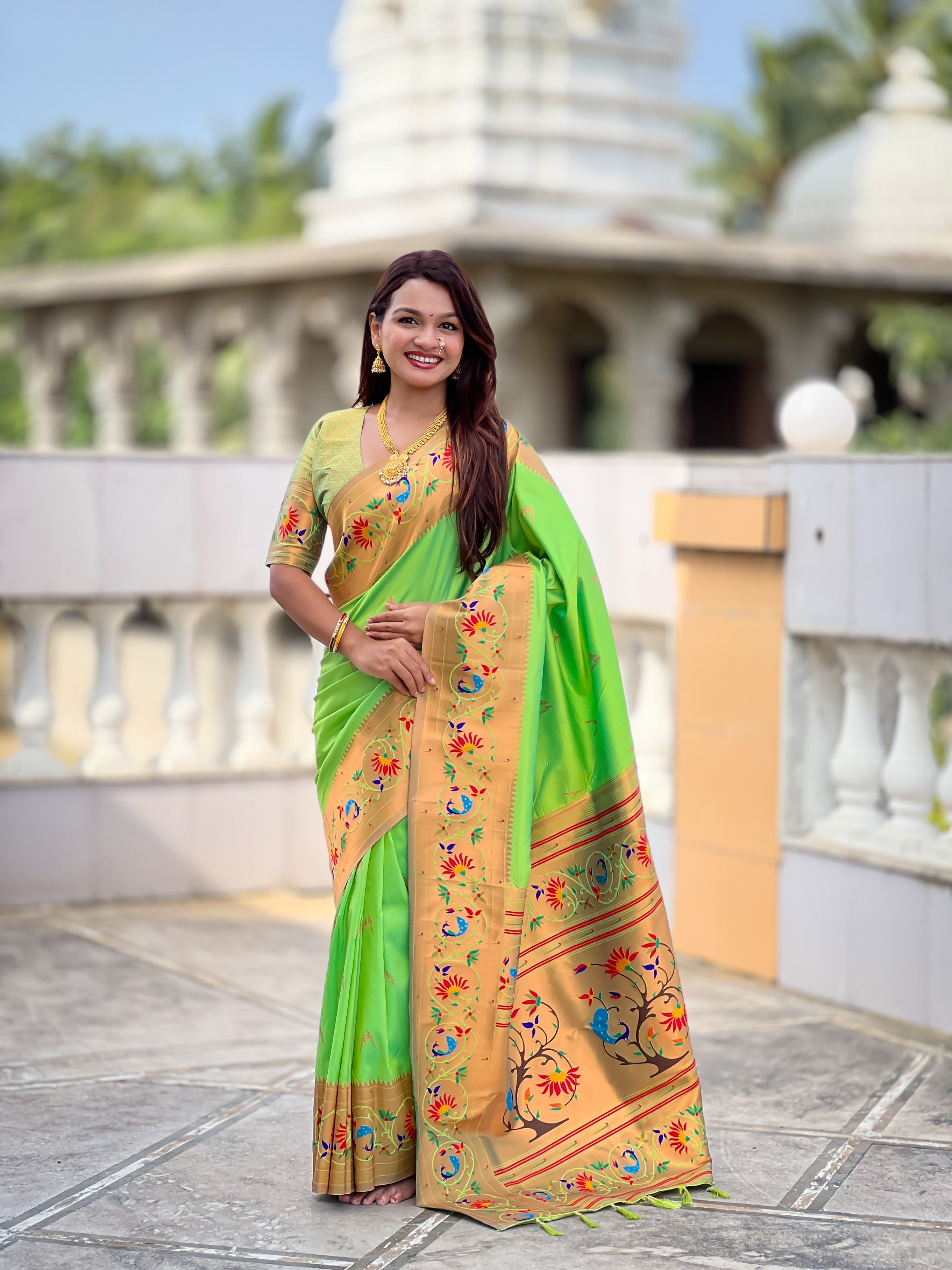 Vedant Vastram Soft Litchi Silk Paithani Jacquard Saree - Parrot - Dista