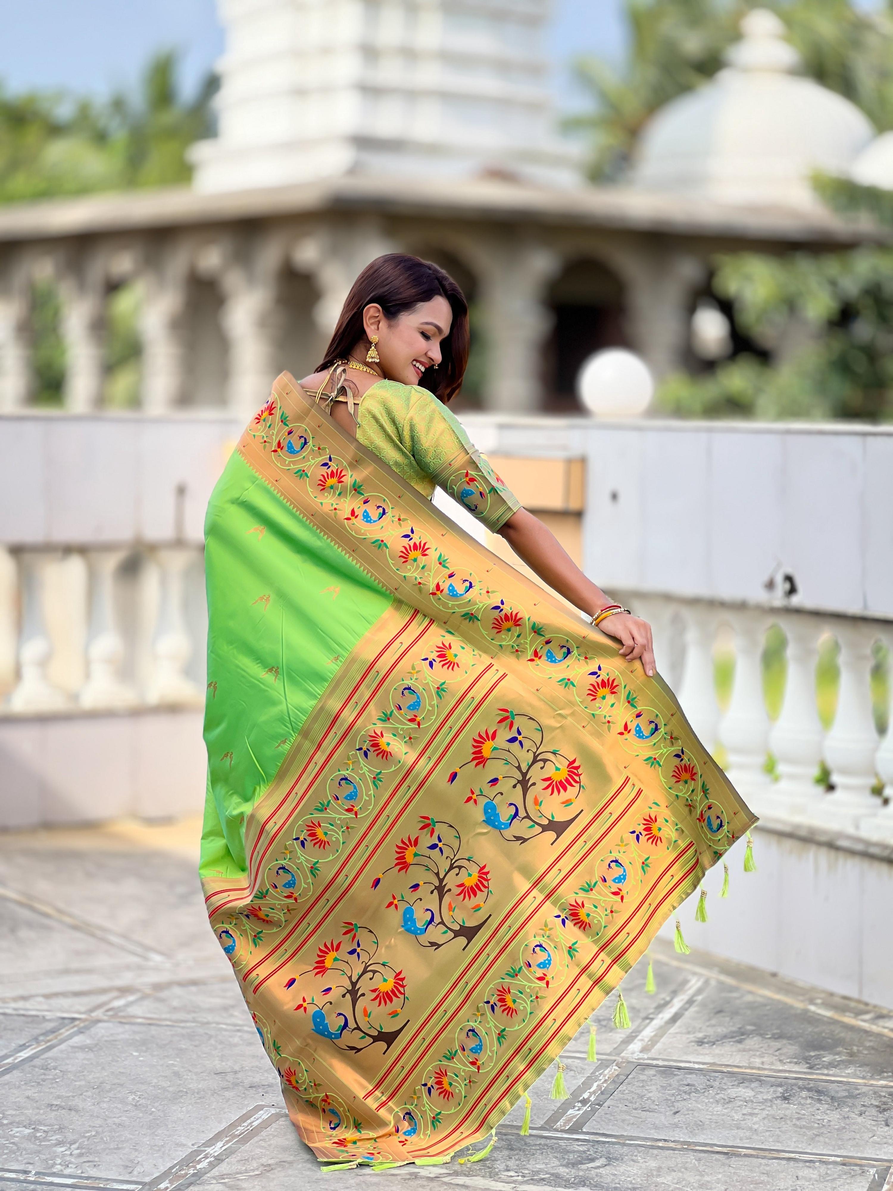 Vedant Vastram Soft Litchi Silk Paithani Jacquard Saree - Parrot - Dista