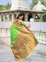 Thumbnail for Vedant Vastram Soft Litchi Silk Paithani Jacquard Saree - Parrot - Dista