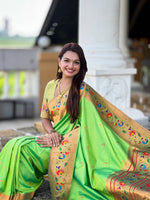 Thumbnail for Vedant Vastram Soft Litchi Silk Paithani Jacquard Saree - Parrot - Dista