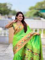 Thumbnail for Vedant Vastram Soft Litchi Silk Paithani Jacquard Saree - Parrot - Dista