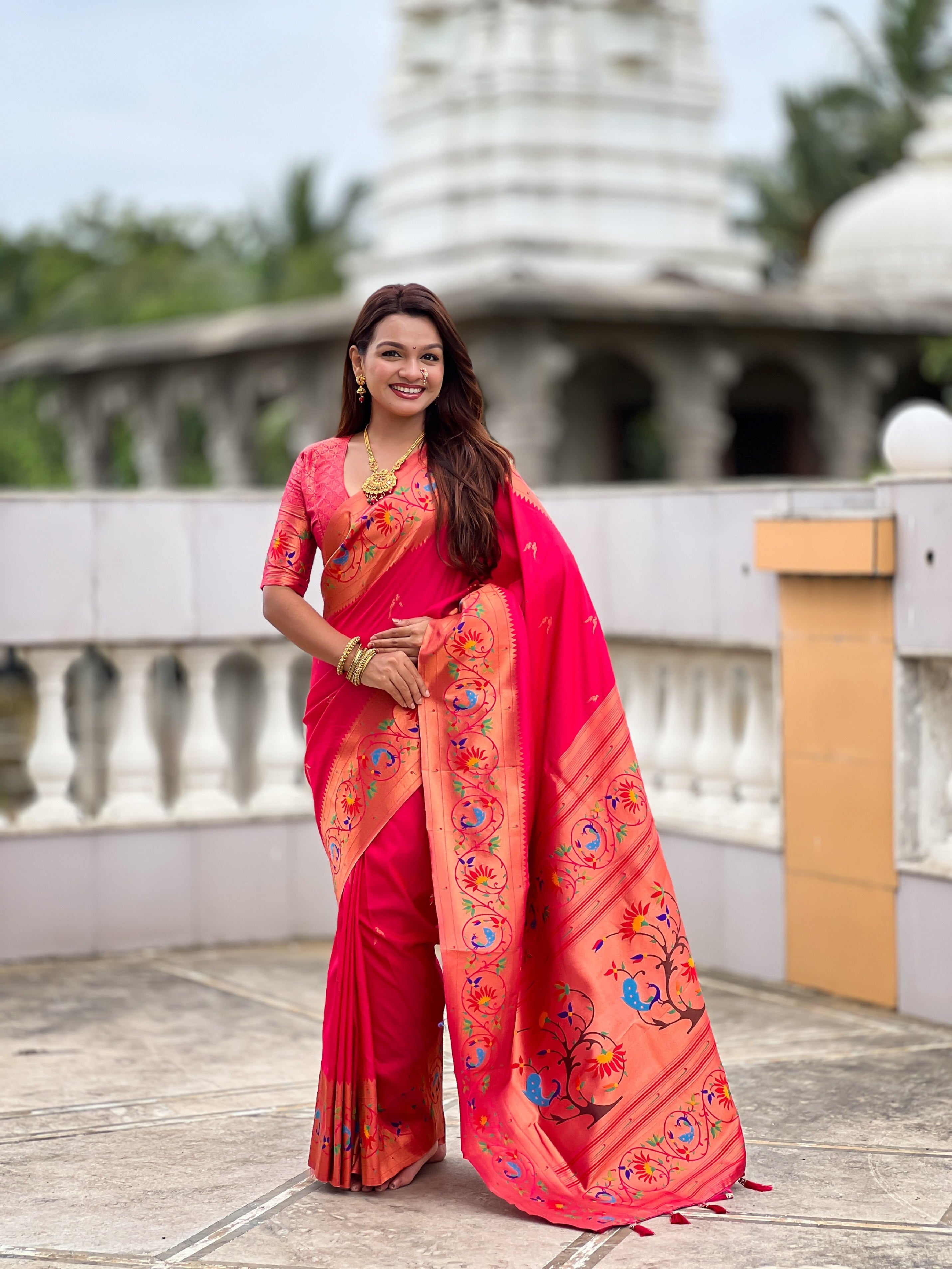 Vedant Vastram Soft Litchi Silk Paithani Jacquard Saree - Pink - Dista