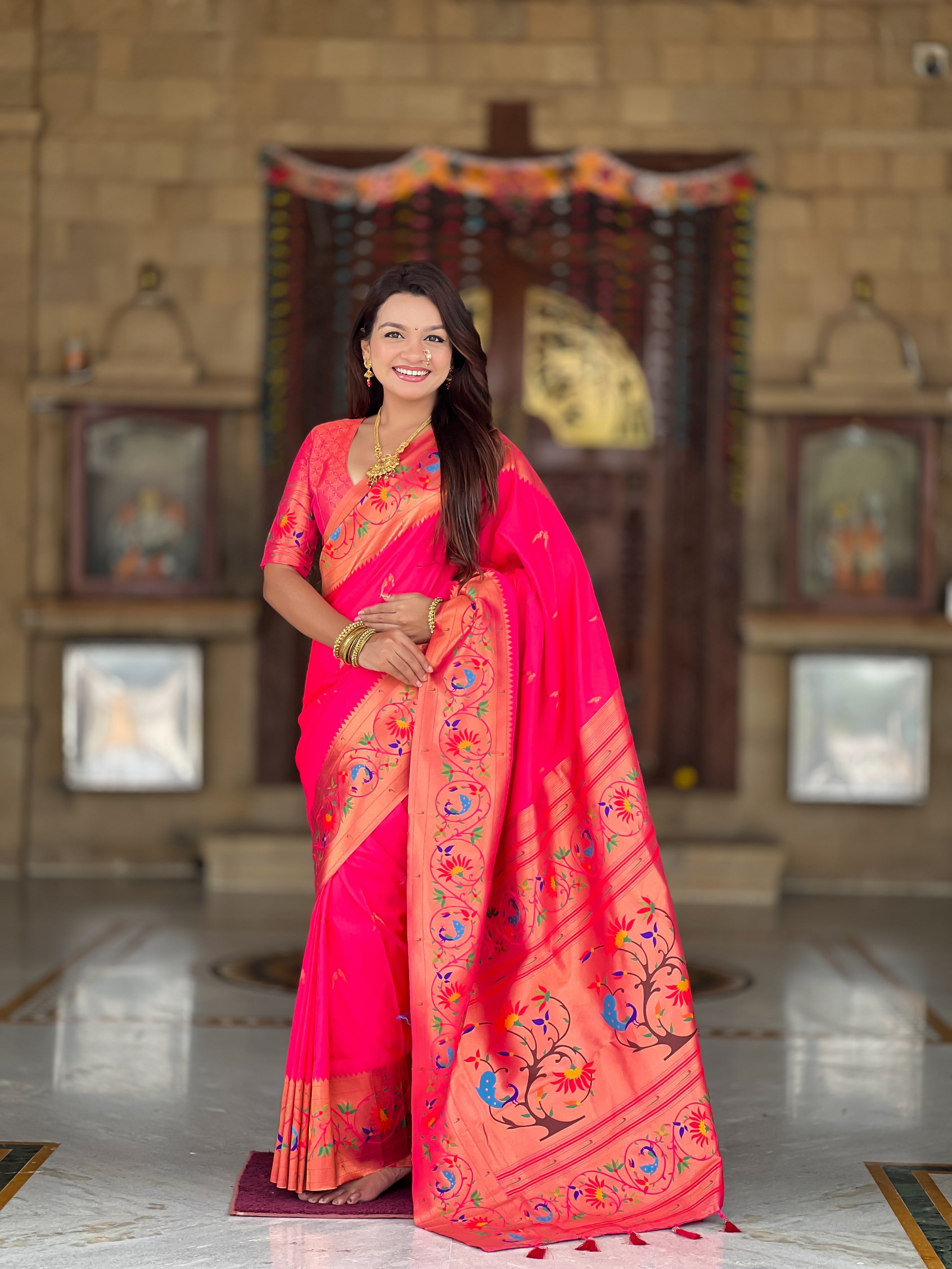 Vedant Vastram Soft Litchi Silk Paithani Jacquard Saree - Pink - Dista