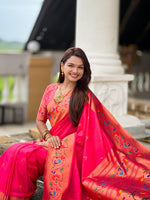 Thumbnail for Vedant Vastram Soft Litchi Silk Paithani Jacquard Saree - Pink - Dista