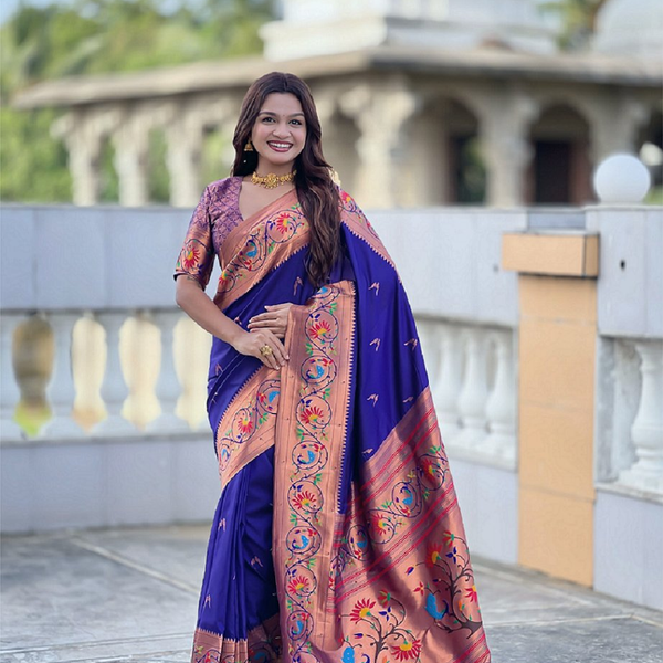 Vedant Vastram Soft Litchi Silk Paithani Jacquard Saree - Violet - Dista