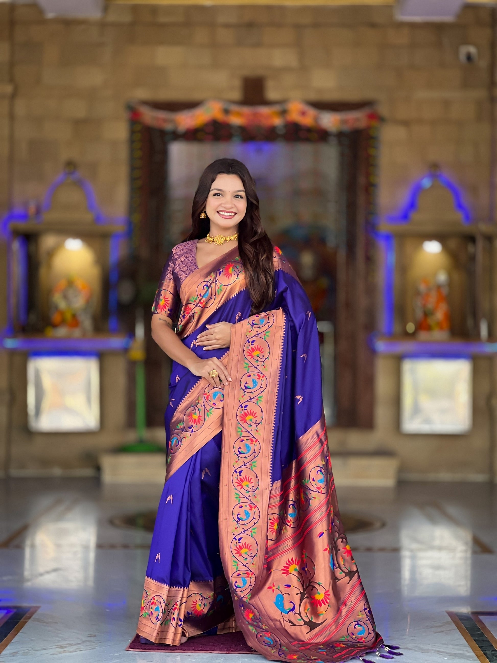 Vedant Vastram Soft Litchi Silk Paithani Jacquard Saree - Violet - Dista