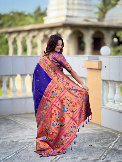 Vedant Vastram Soft Litchi Silk Paithani Jacquard Saree - Violet - Dista