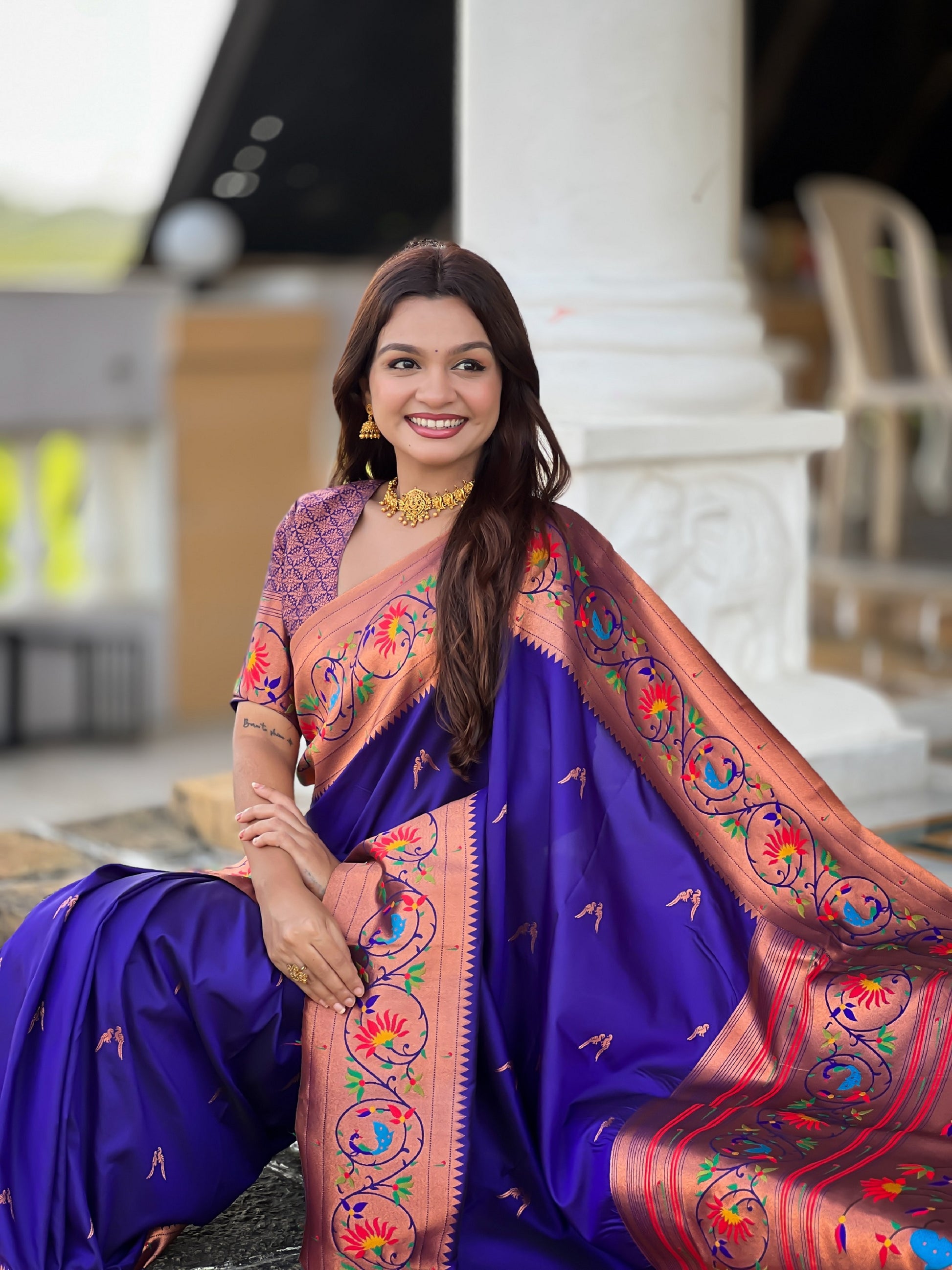 Vedant Vastram Soft Litchi Silk Paithani Jacquard Saree - Violet - Dista