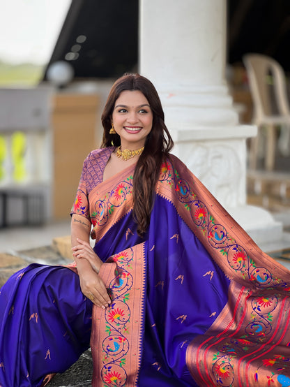 Vedant Vastram Soft Litchi Silk Paithani Jacquard Saree - Violet - Dista