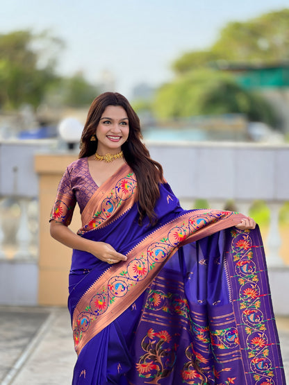 Vedant Vastram Soft Litchi Silk Paithani Jacquard Saree - Violet - Dista