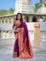 Thumbnail for Vedant Vastram Soft Litchi Silk Paithani Jacquard Saree - Wine - Dista