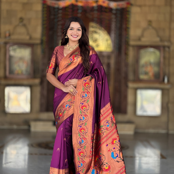 Vedant Vastram Soft Litchi Silk Paithani Jacquard Saree - Wine - Dista