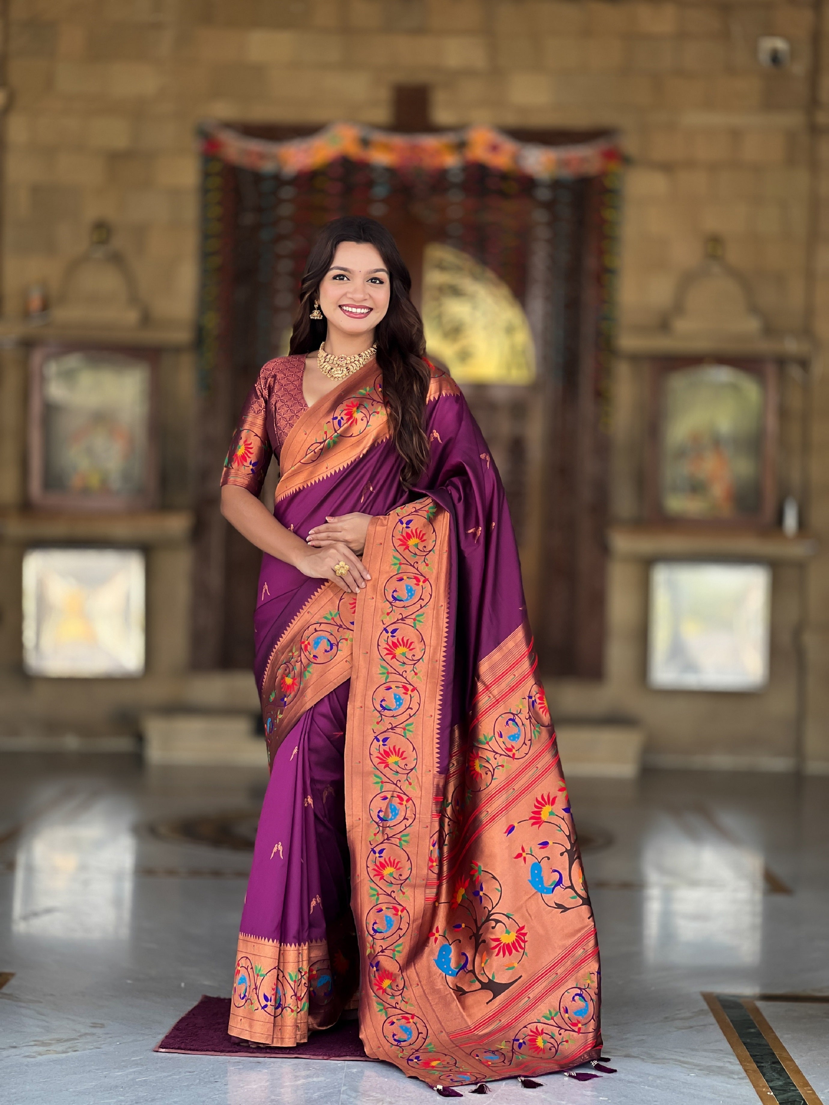 Vedant Vastram Soft Litchi Silk Paithani Jacquard Saree - Wine - Dista