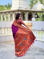 Thumbnail for Vedant Vastram Soft Litchi Silk Paithani Jacquard Saree - Wine - Dista