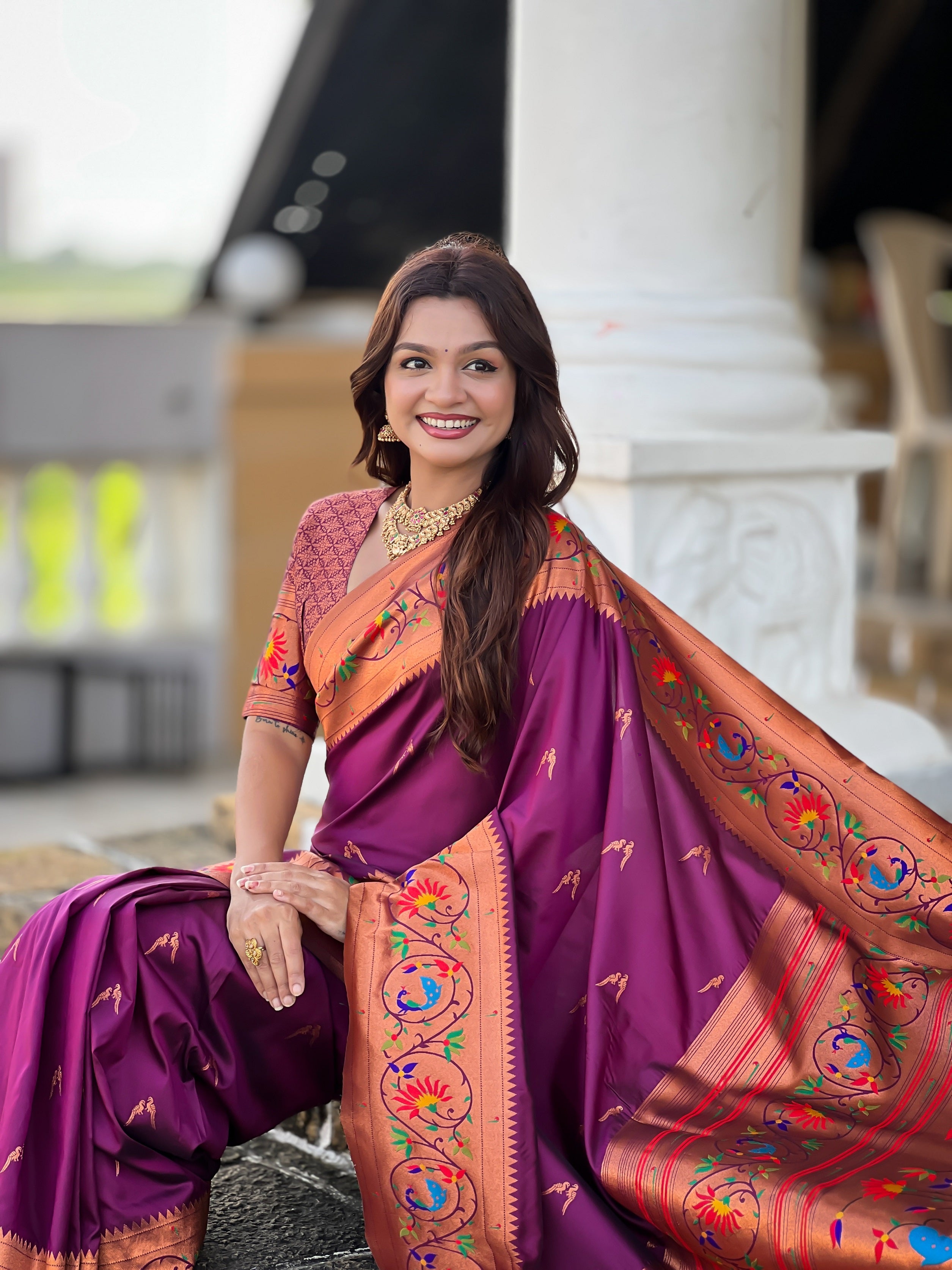 Vedant Vastram Soft Litchi Silk Paithani Jacquard Saree - Wine - Dista