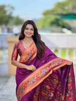 Thumbnail for Vedant Vastram Soft Litchi Silk Paithani Jacquard Saree - Wine - Dista