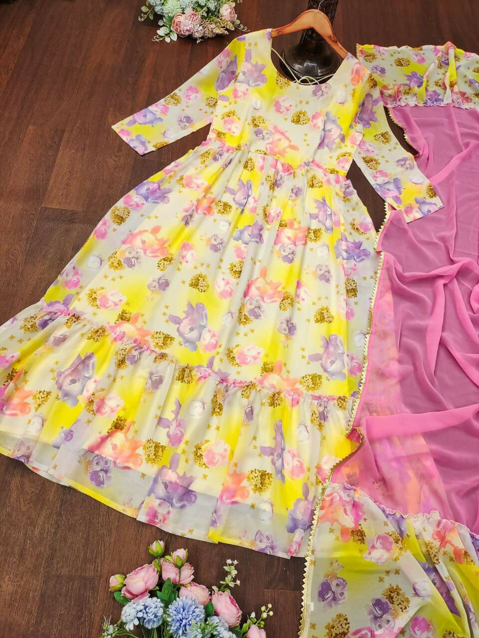 Preksha Creation Featuring Georgette Maxi Dress With Dupatta - Yellow - Distacart