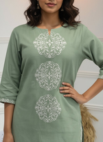 Thumbnail for BulBul Hazel Green Embroidered Solid Cotton Kurta Set