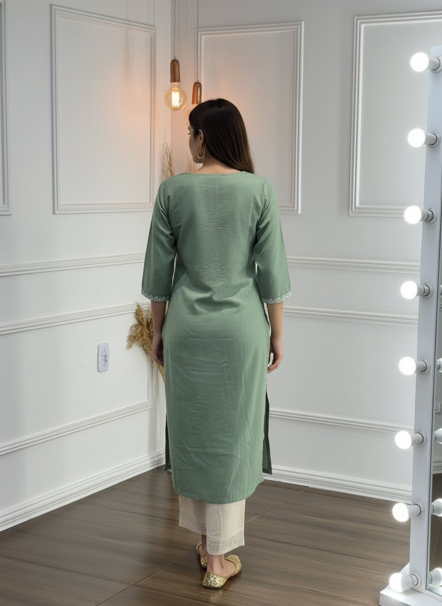 BulBul Hazel Green Embroidered Solid Cotton Kurta Set