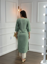 Thumbnail for BulBul Hazel Green Embroidered Solid Cotton Kurta Set