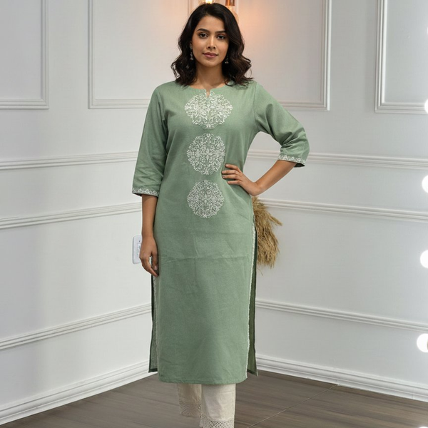 BulBul Hazel Green Embroidered Solid Cotton Kurta Set