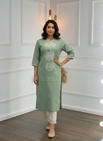 Thumbnail for BulBul Hazel Green Embroidered Solid Cotton Kurta Set