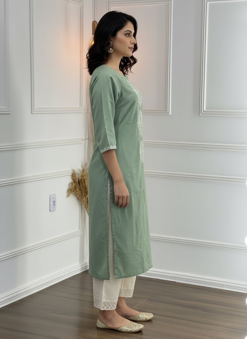 BulBul Hazel Green Embroidered Solid Cotton Kurta Set