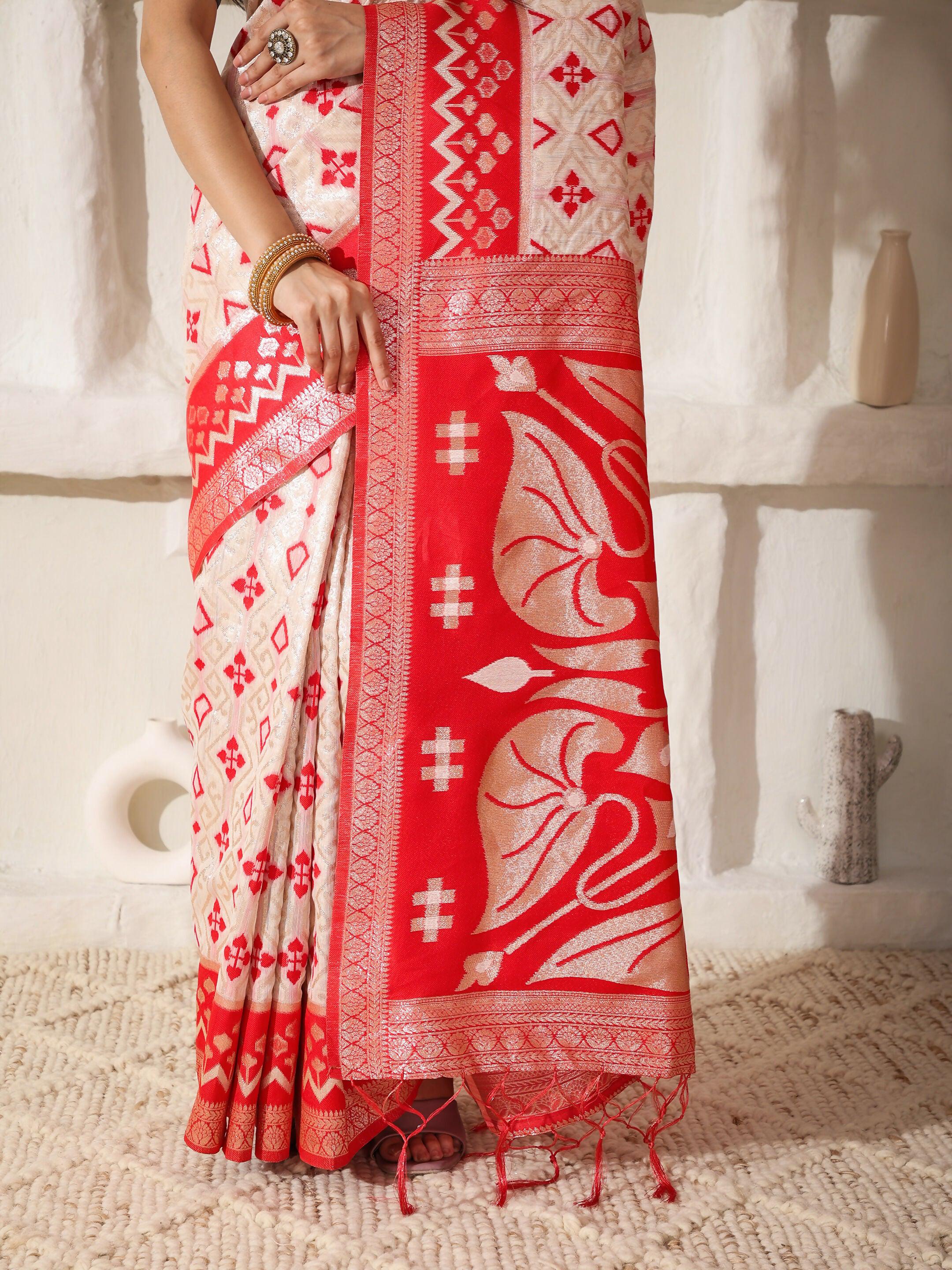 Astita Linen Cotton Red & White Saree