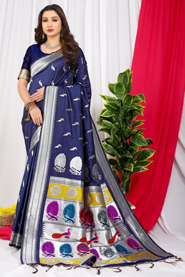 Jyoti Fashion Women's Navy Blue Paithani Silk Zari Woven Saree with Blouse - Distacart