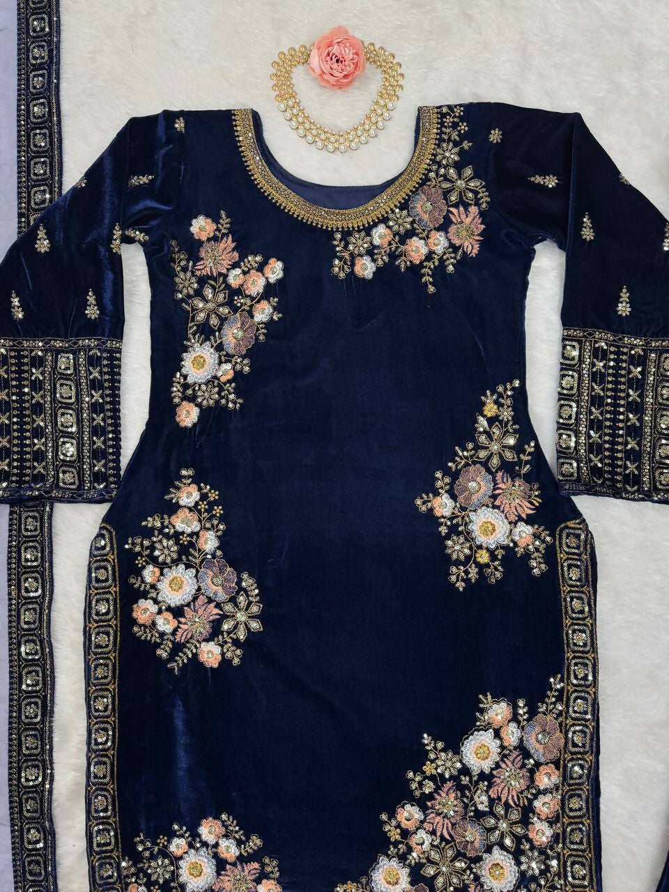 Vastranavya Navy Blue Viscose Velvet Sequence Embroidery Work Kurta & Bottom With Dupatta