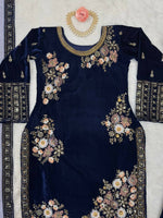 Thumbnail for Vastranavya Navy Blue Viscose Velvet Sequence Embroidery Work Kurta & Bottom With Dupatta