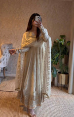 Thumbnail for Teeya Creation White Fendy Silk Designer Heavy Work Wedding Wear Long Gown - Distacart