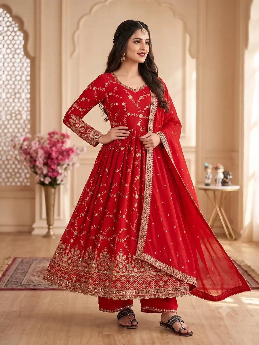 Teeya Creation Red Zari Embroidered Georgette Anarkali Suit with Dupatta