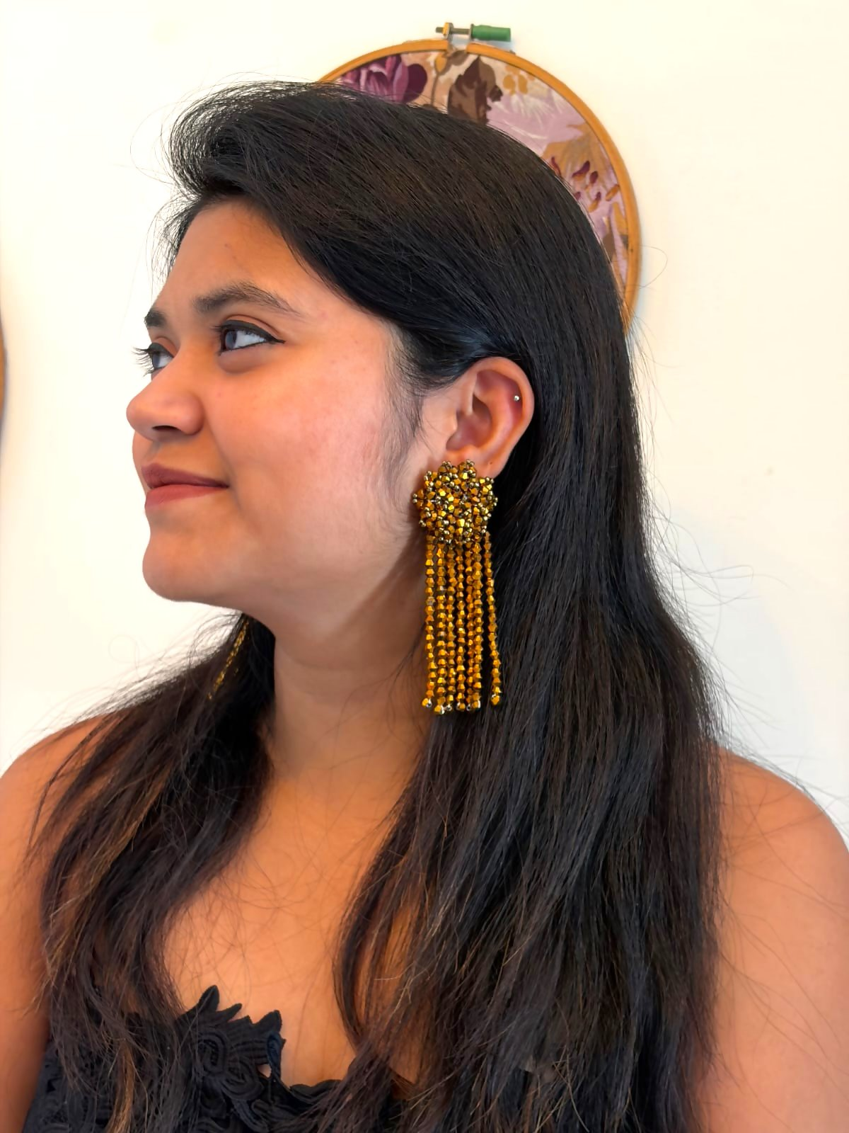 Inhanns Handmade Crystal Waterfall Earrings - Long - Golden - Distacart