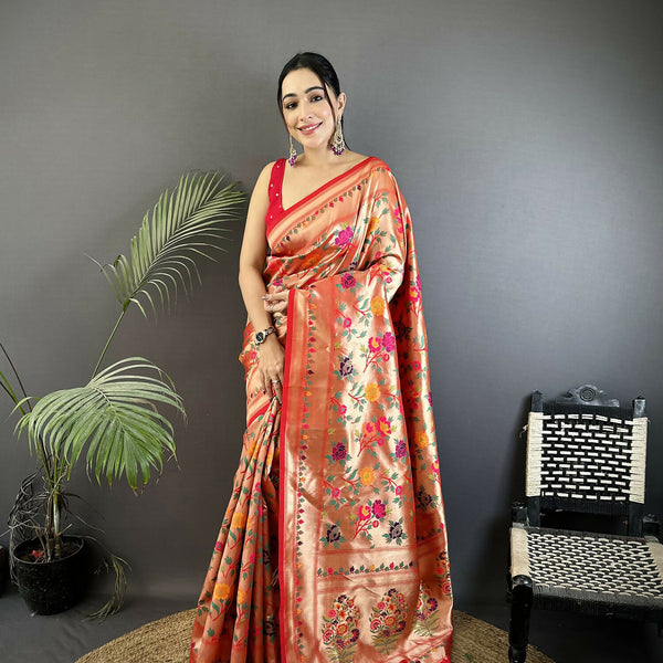 Joban Fashion Peach Intricate Floral & Foliate Motifs Soft Silk Paithani Saree - Distacart