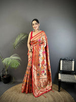 Thumbnail for Joban Fashion Peach Intricate Floral & Foliate Motifs Soft Silk Paithani Saree - Distacart