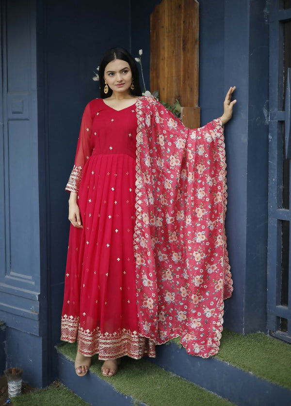 Jyoti Fashion Women's Red Faux Blooming Sequins with Zari Embroidery Anarkali Dress with Dupatta - Distacart