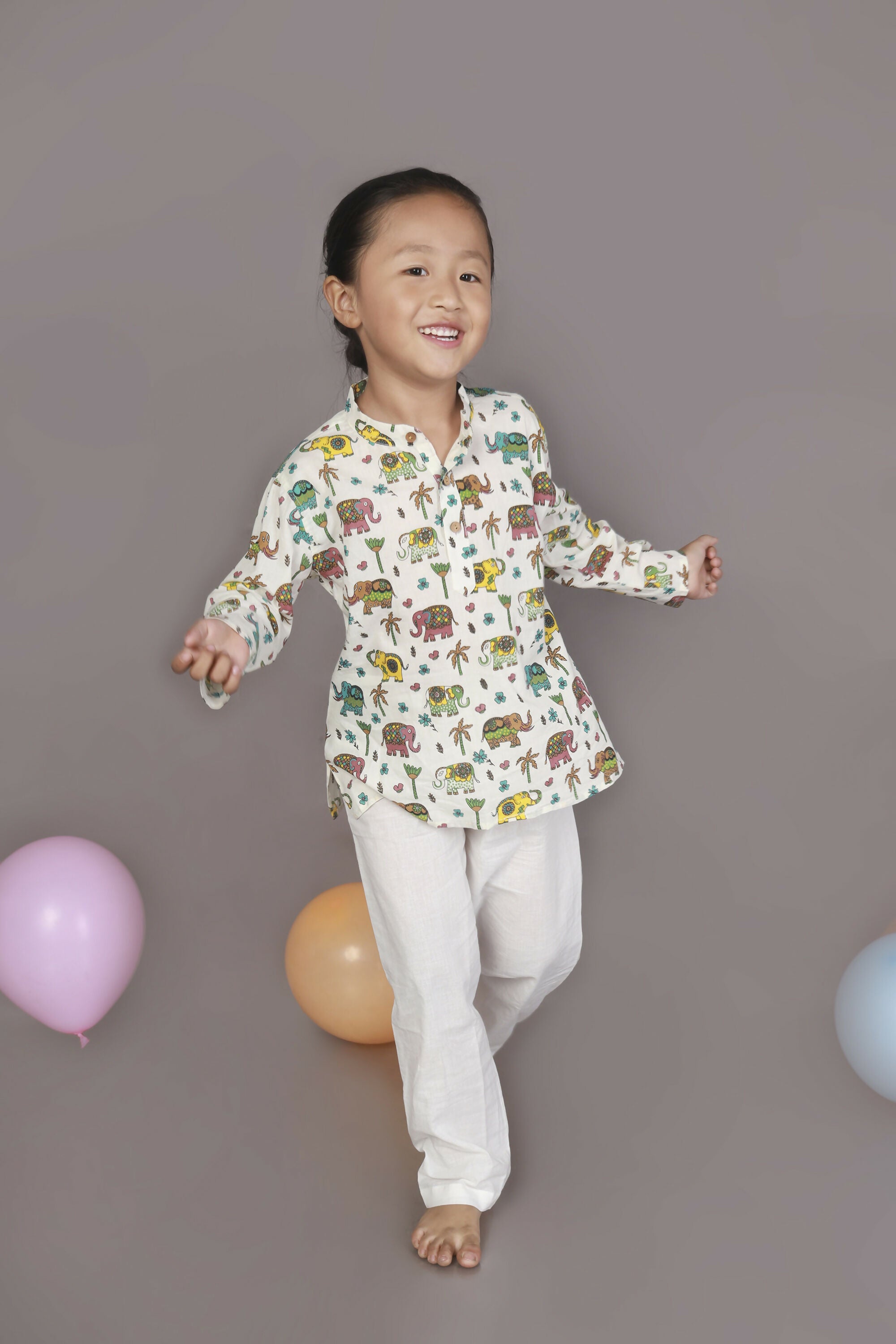 Breathables Kids Cotton Elephant Print Kurta Pyjama Night Suit - White - Dista