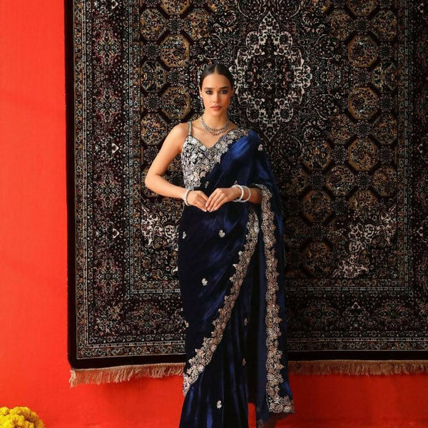 Joban Fashion Royal Blue 9000 Velvet Party Wear Sarees - Distacart