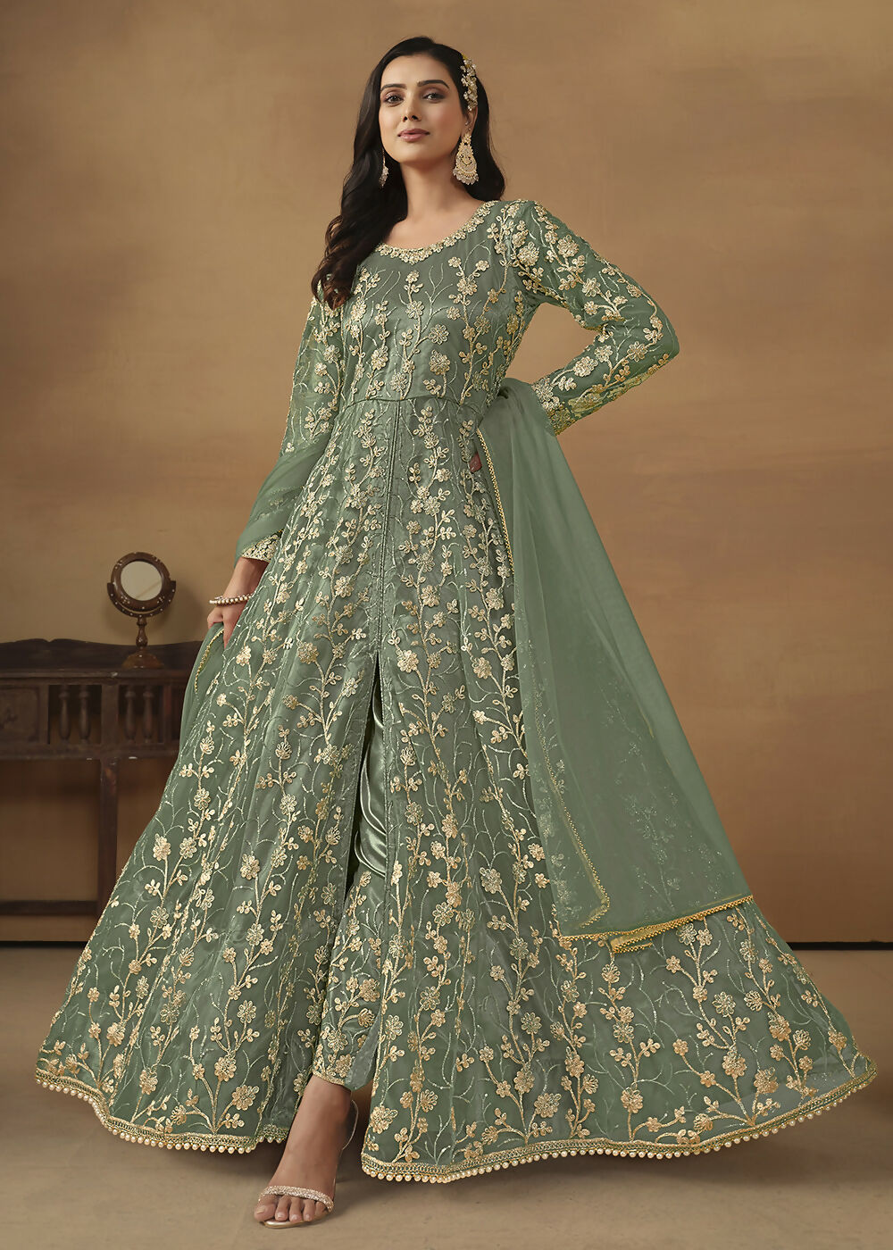 Pant Style Sage Green Embroidered Net Wedding Anarkali Suit - Emponline - Distacart