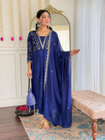 Thumbnail for The52 Blue Women's Beautiful Embroidered Vichitra Silk Fabric with Flared Kurta, Pant and Dupatta Set - Distacart