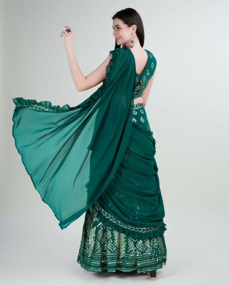 Green Georgette Sequence Embroidered Lehenga Choli with Dupatta - Tanya - Distacart