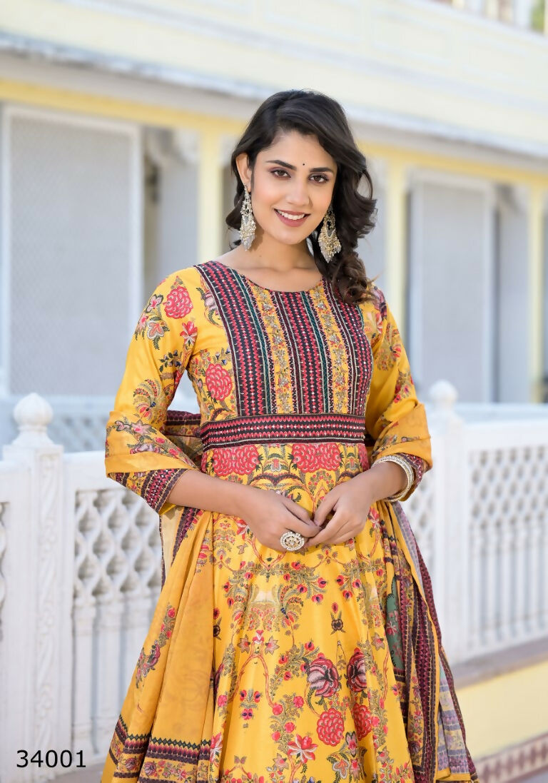 Partywear Designer Yellow Dola Silk Anarkali suit with Dupatta - Suzen - Distacart