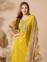 Thumbnail for The52 Women's Beautiful Viscose Chanderi Fabric Embroidery Work Straight Kurta Pant and Dupatta Set - Distacart