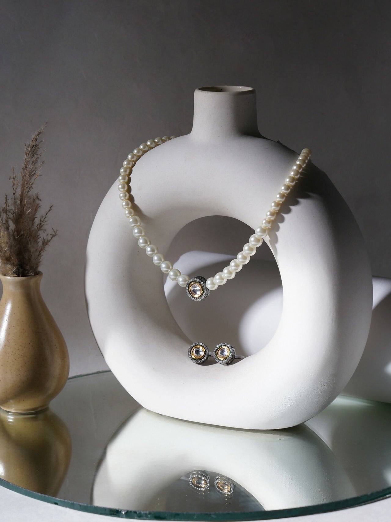 Kundan and Pearl Choker with Studs Jewellery Set (white) - Ruby Raang - Distacart