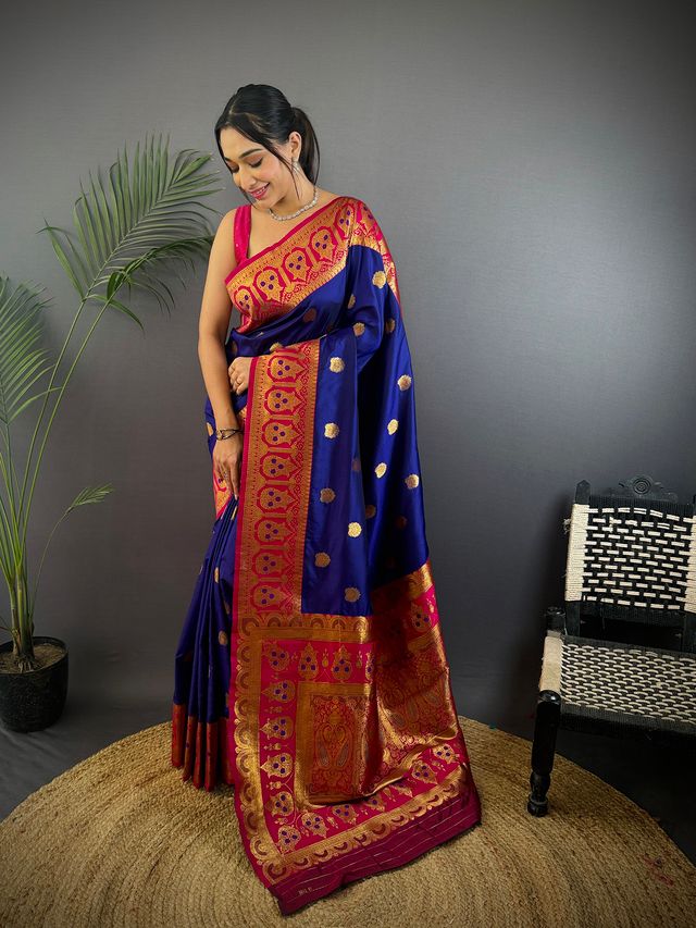 Elora Royal Blue Soft Silk Butti Zari Weaving Contrast Pallu Banarasi Saree