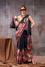 Thumbnail for Vastranavya Black Satin Silk Printed Saree with a Natural Silk Unstitched Blouse - Distacart