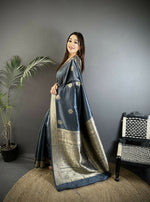 Thumbnail for Joban Fashion Grey Floral Jacquard Woven Design Cotton Silk Banarasi Silk Saree - Distacart