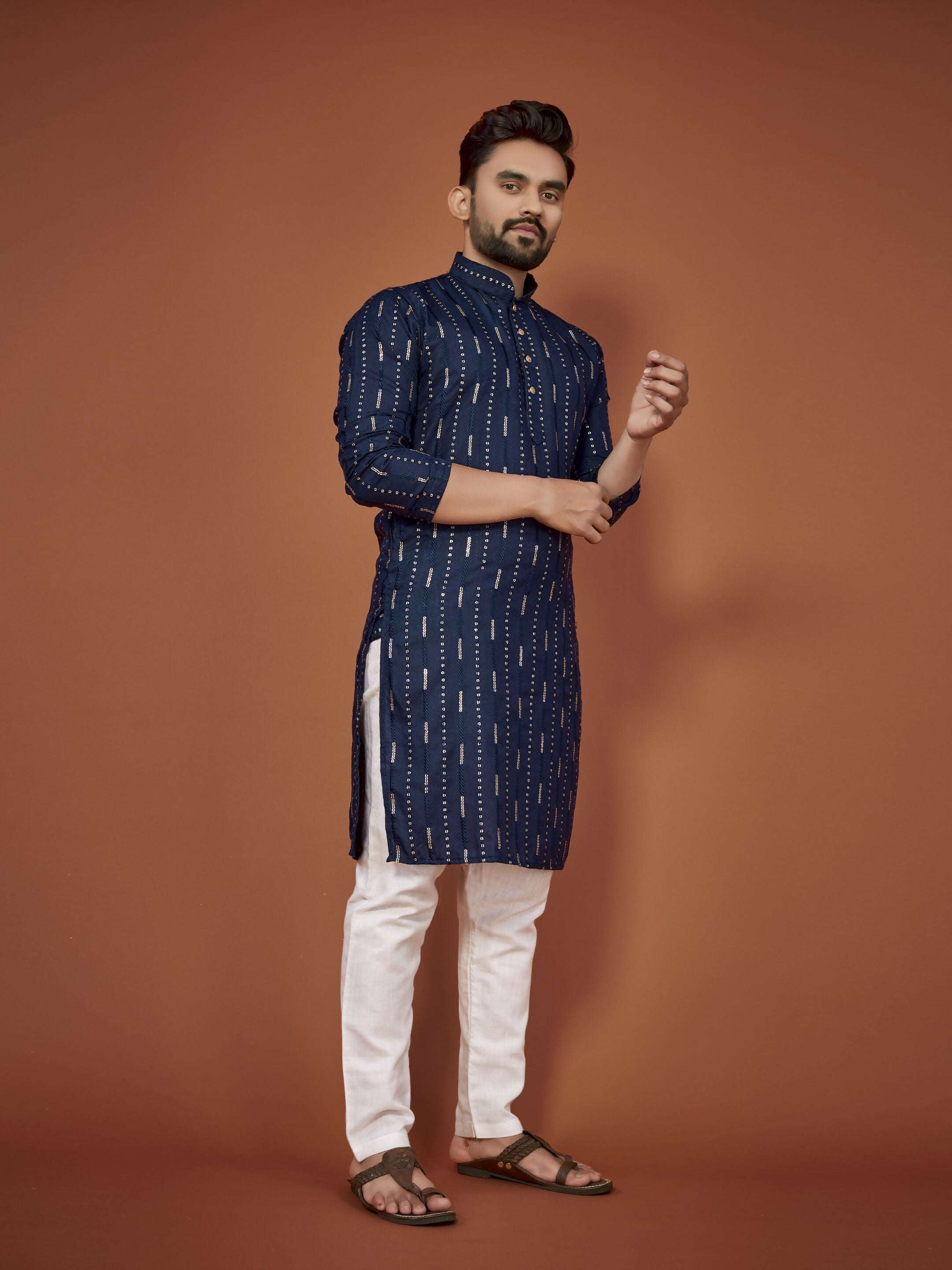 Anaita Navy Blue Embroidered Cotton Straight Kurta - Distacart